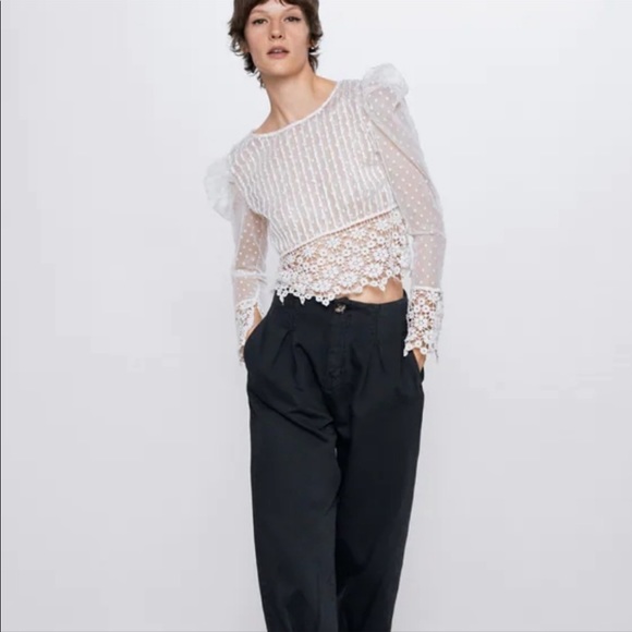 NWT ZARA Dotted Mesh Top/Crocheted hem embellished w/Beading/Pearls Sheer Blouse - Picture 9 of 13